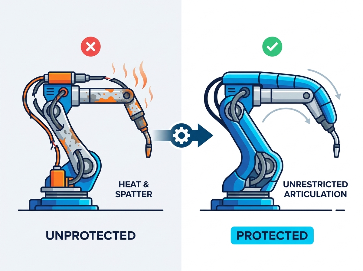 Robotic welding torch navigating a complex joint while protected by a specialized cover