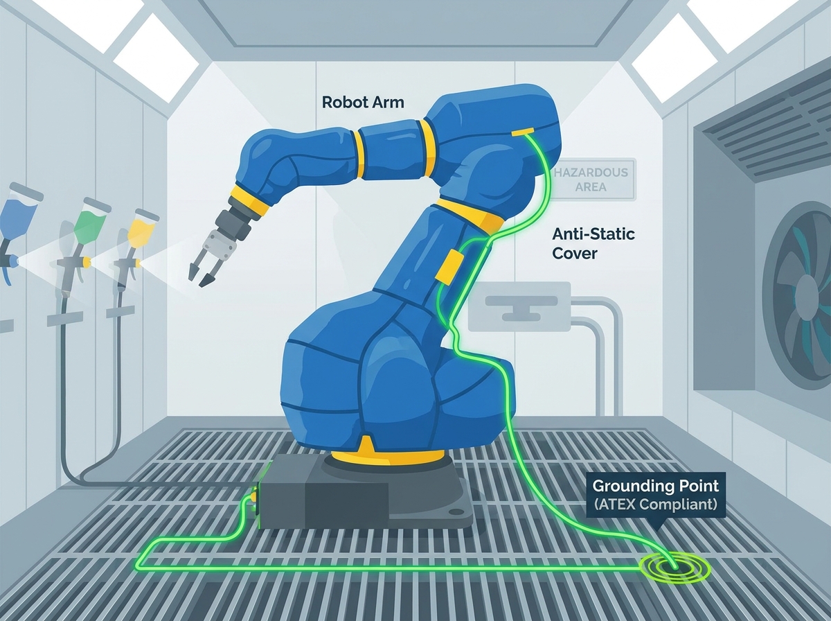 Anti-static robot cover applied to an industrial painting robot in an automotive facility