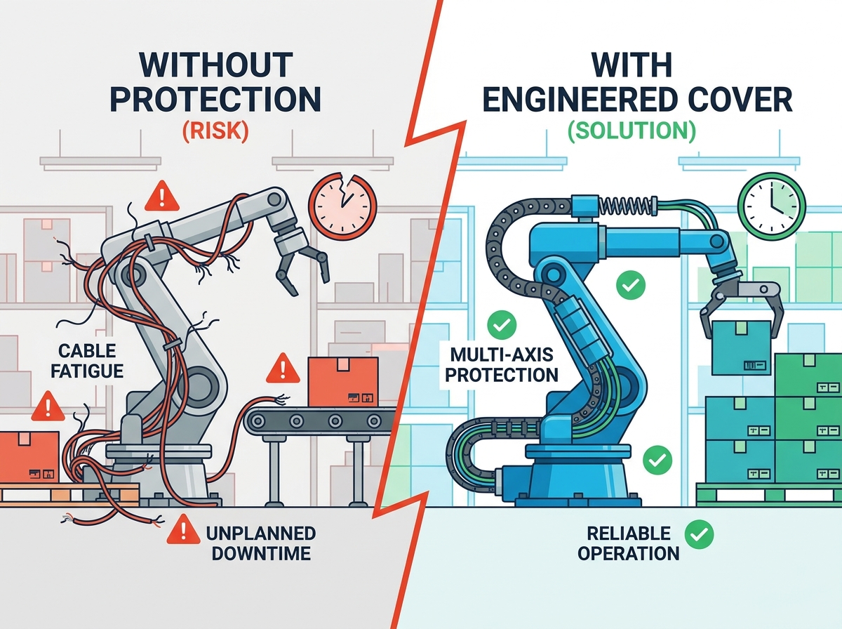 Multi-axis robot arm cable management system in a warehouse